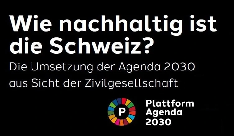 Deckblatt des Berichtes: Wie nachhaltig ist die Schweiz? Die Umsetzung der Agenda 2030 aus Sicht der Zivilgesellschaft. Weisse Schrifft auf schwarzem Hintergrund und Logo der Plattform.