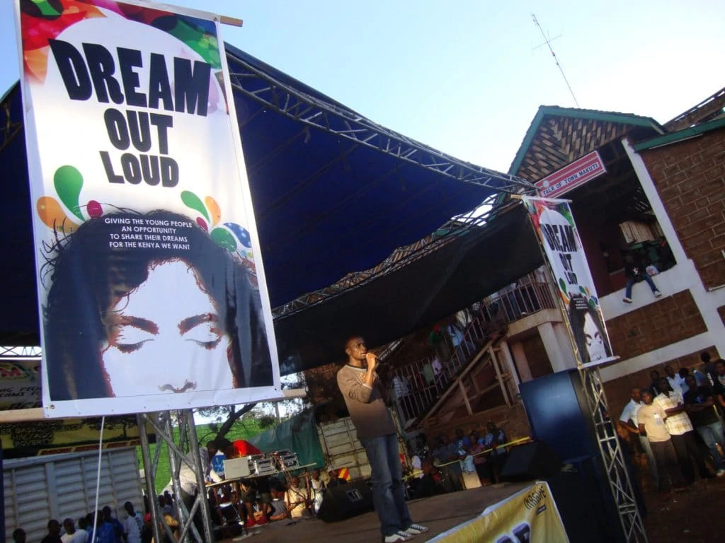 The stage of imagine Kenya from 2011. on the poster you can see the motto of that time: Dream out loud.