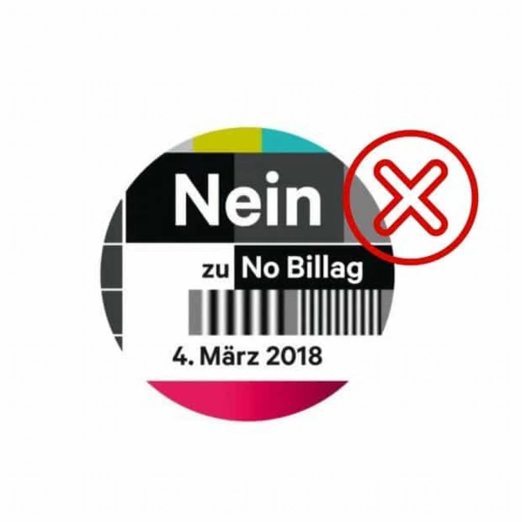Logo von Nein zu No Billag: Rundes Testbild mit der Aufschrift der Parole Nein zu No Billag am 4. März.