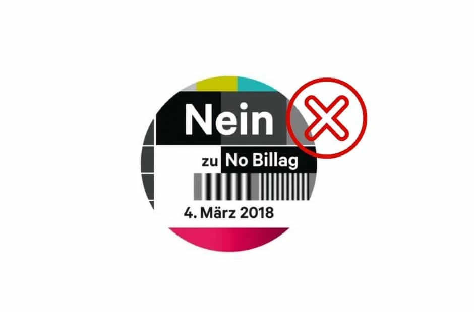 Logo von Nein zu No Billag: Rundes Testbild mit der Aufschrift der Parole Nein zu No Billag am 4. März.