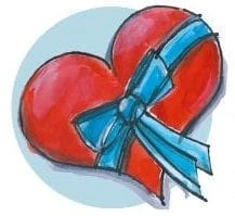 A painted heart with a blue ribbon.