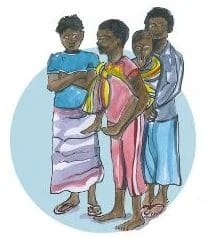 Three painted black teenagers. One of them has an infant in a sling on his back.