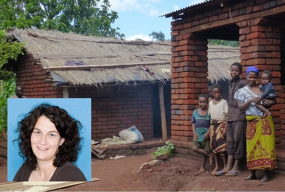 Rosaria and her children in front of her old and new house. Below left portrait of Gabriela Wichser.