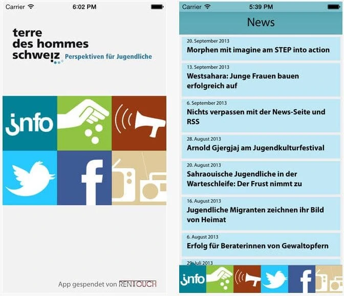 Zwei screenshots der neuen iPhone-App. Zu sehen sind die Start- und die News-Seite.