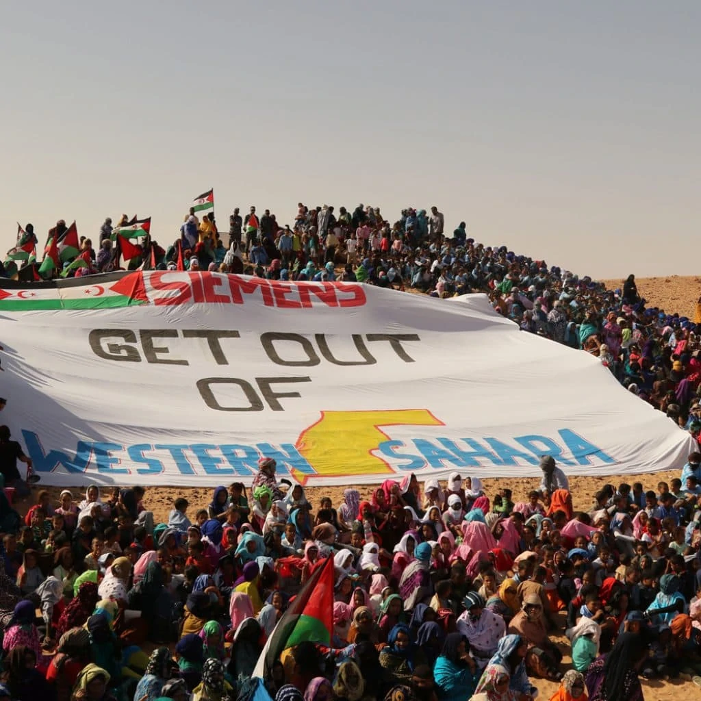 Viele Sahraouis stehen um eine riesige Fahne mit der Aufschrift: Siemens get out of Western Sahara.