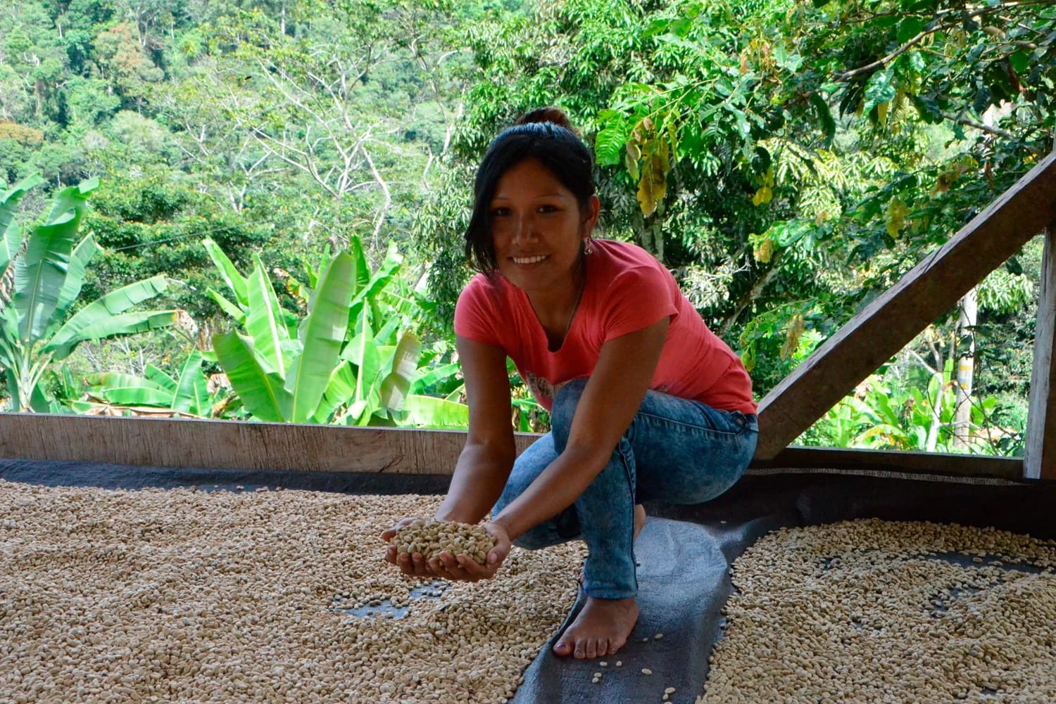 A young woman holds coffee beans in her hands.