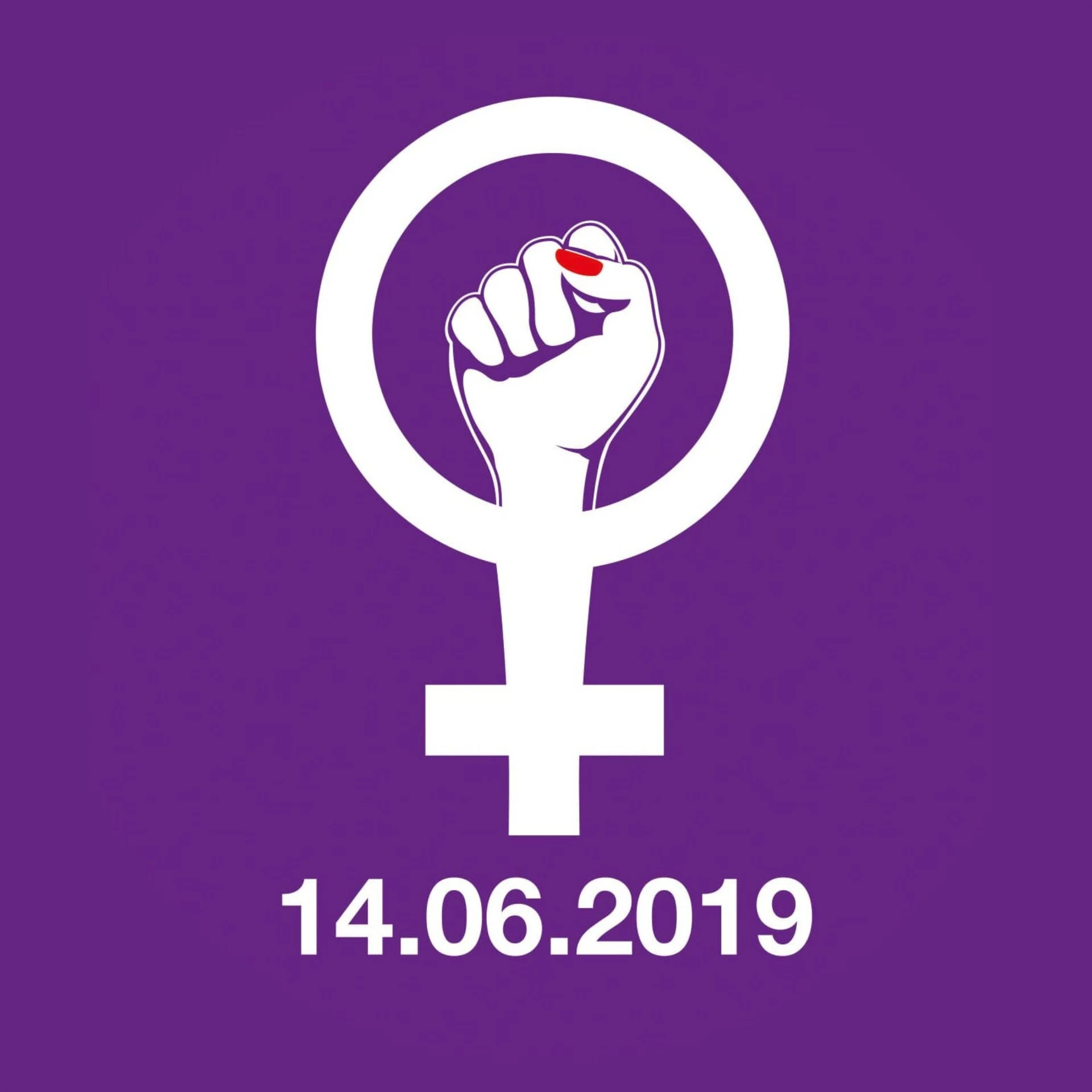 Frauenstreik 14.6. Faust-Logo auf violettem Grund