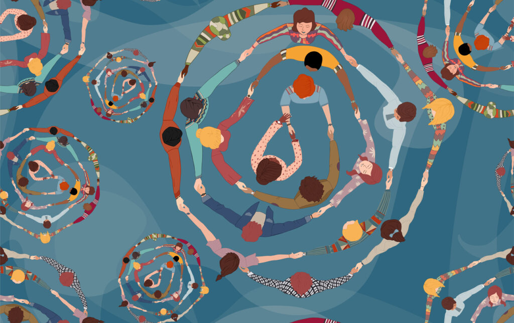 backdrop seamless pattern with group of diverse people in a circle from different cultures holding hands. community men and women of friends or volunteers. top view. racial equality.team