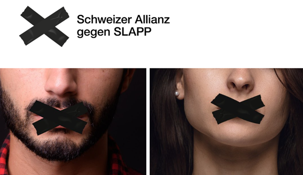 Logo SLAPP, Swiss Alliance against Strategic lawsuits against public participation. A woman and a man with their mouths taped shut.