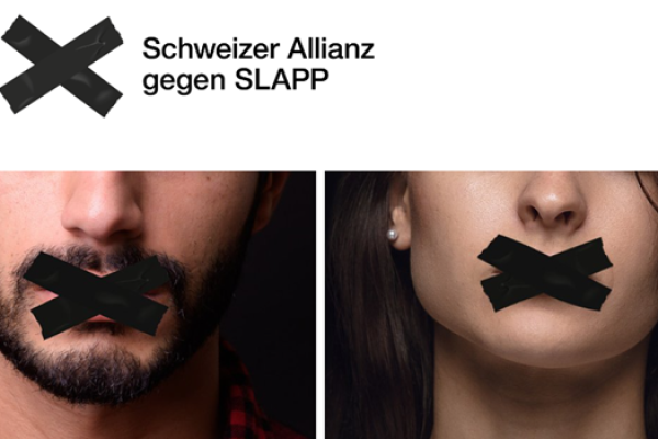 Logo SLAPP, Schweizer Allianz gegen Strategic lawsuits against public participation. Eine Frau und ein Mann mit zugeklebtem Mund.